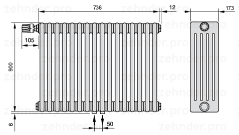 Схема (чертеж) Радиатор Zehnder Charleston 5090/16 №V007 Белый глянцевый RAL 9016